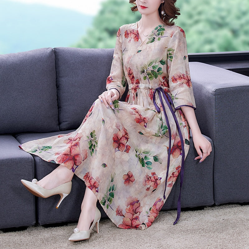 Plus Size Pink Flower Print Cotton Dress Short Sleeve