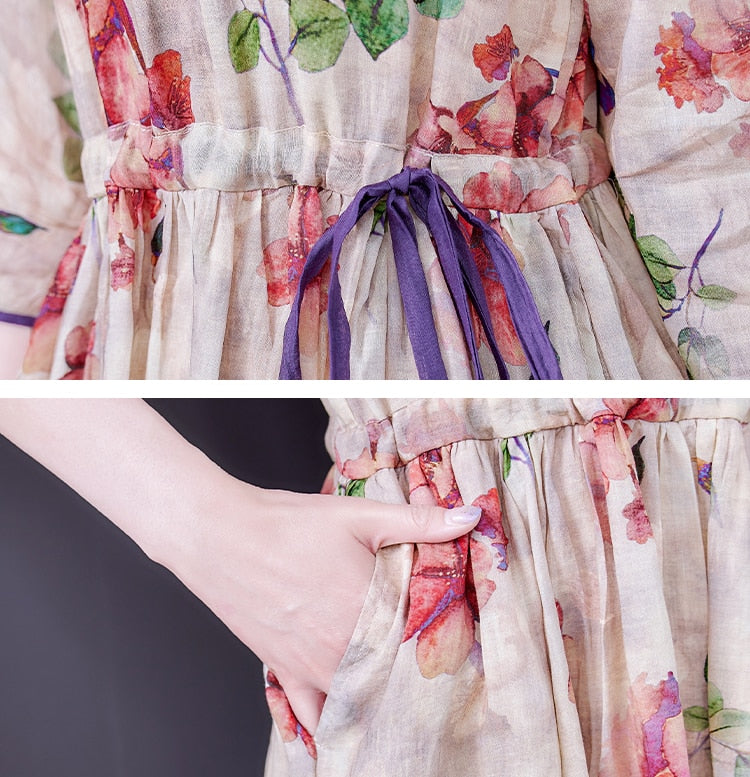 Plus Size Pink Flower Print Cotton Dress Short Sleeve