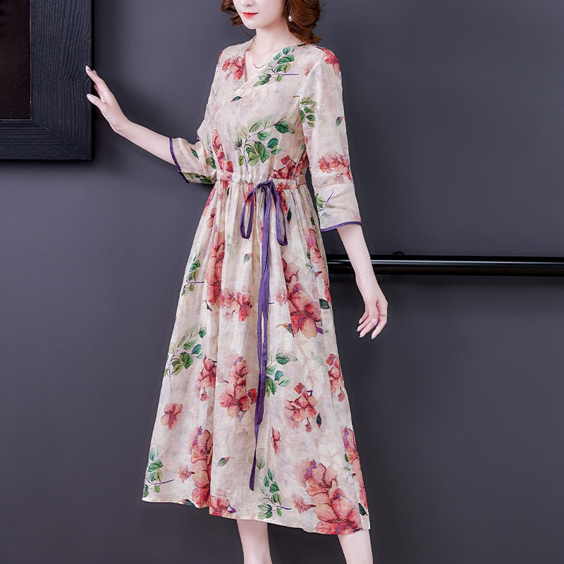 Plus Size Pink Flower Print Cotton Dress Short Sleeve