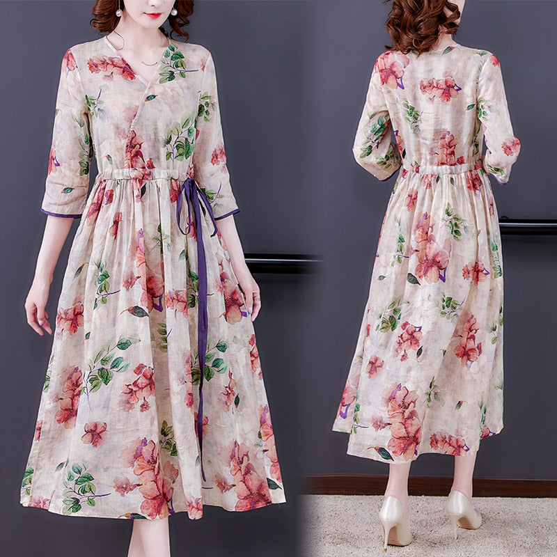 Plus Size Pink Flower Print Cotton Dress Short Sleeve