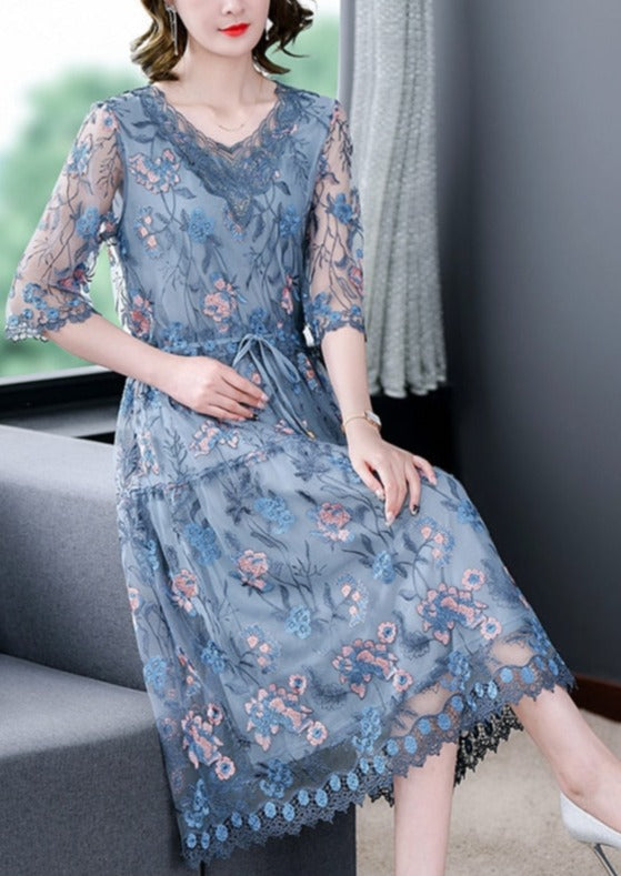 Loose Casual Embroidery Silk Floral V-Neck Midi Dress
