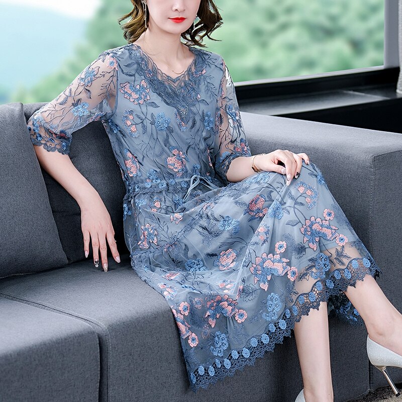 Loose Casual Embroidery Silk Floral V-Neck Midi Dress