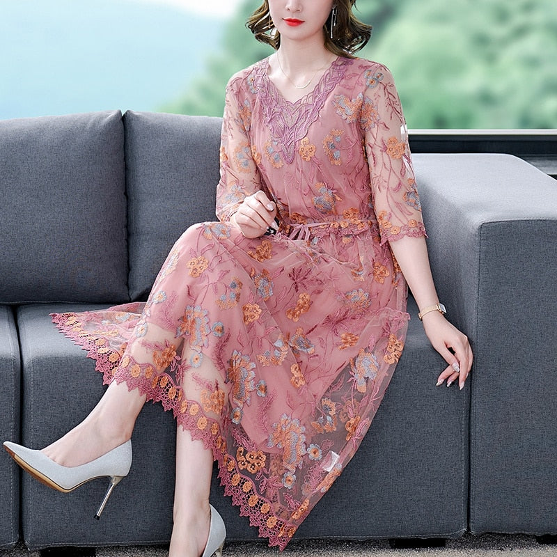 Loose Casual Embroidery Silk Floral V-Neck Midi Dress