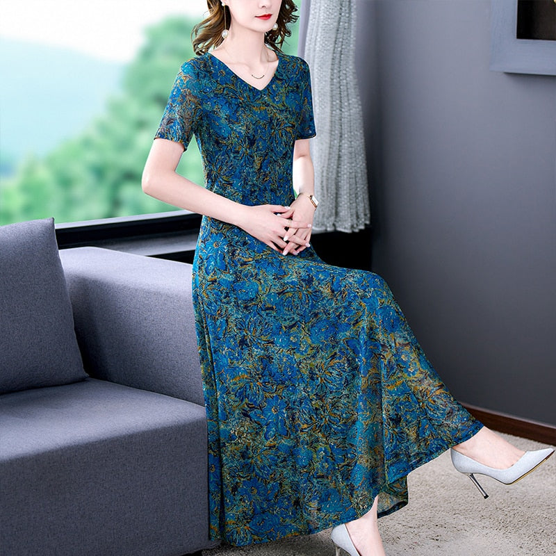 Floral Jacquard Silk High Elastic Mesh Long Dress