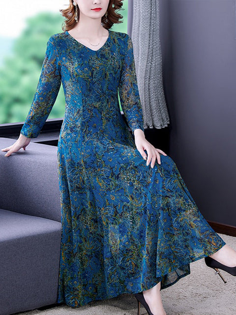 Floral Jacquard Silk High Elastic Mesh Long Dress
