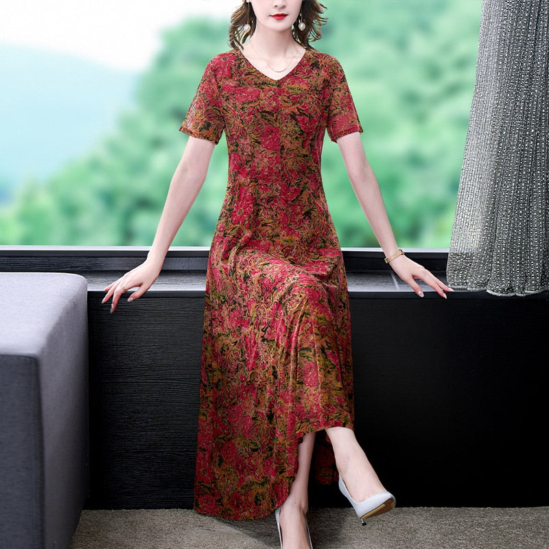 Floral Jacquard Silk High Elastic Mesh Long Dress