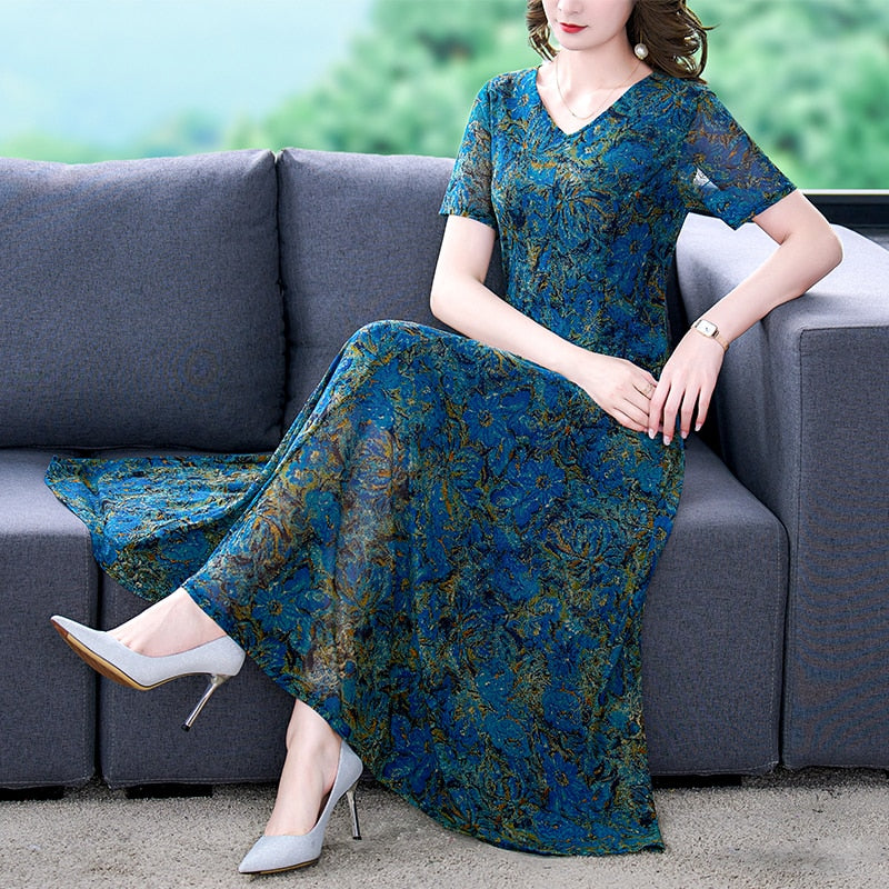 Floral Jacquard Silk High Elastic Mesh Long Dress