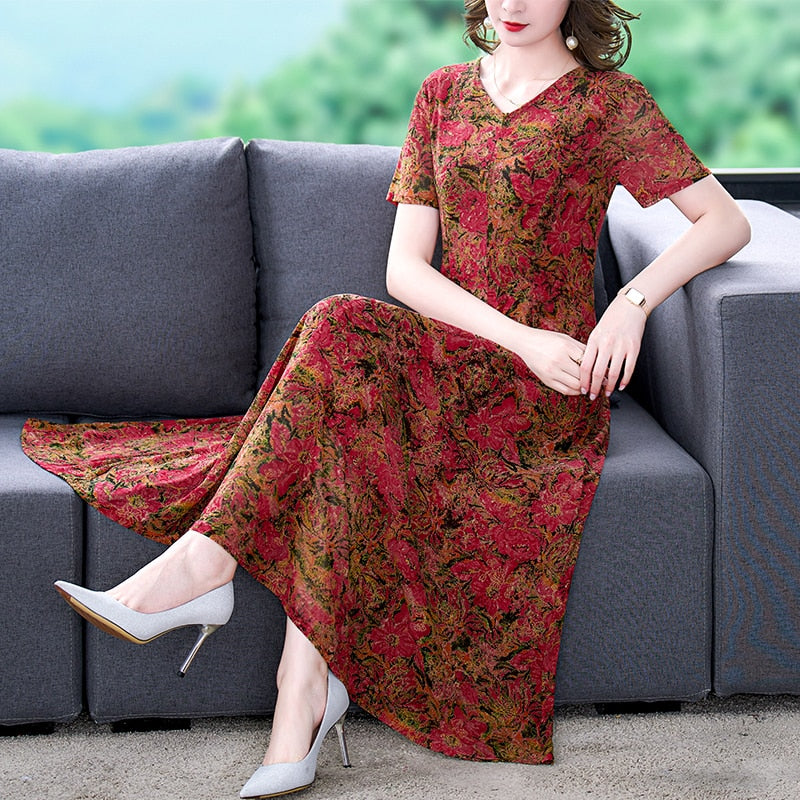 Floral Jacquard Silk High Elastic Mesh Long Dress