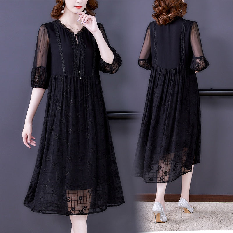 Vintage Silk Embroidery Loose Midi Long Dress