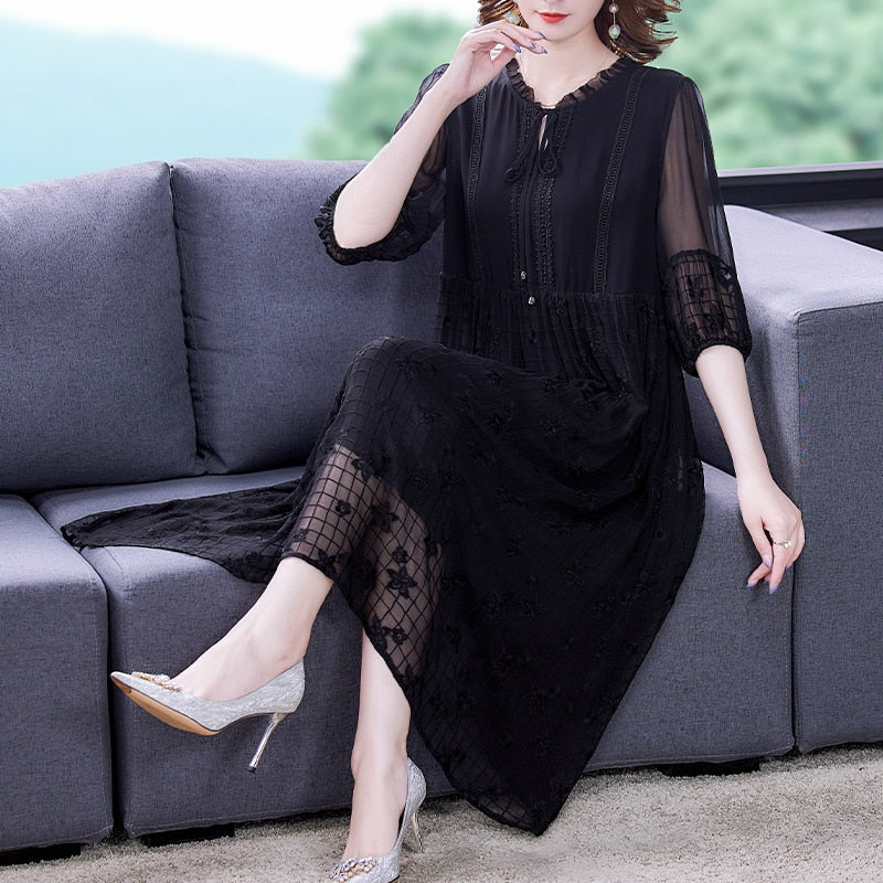 Vintage Silk Embroidery Loose Midi Long Dress