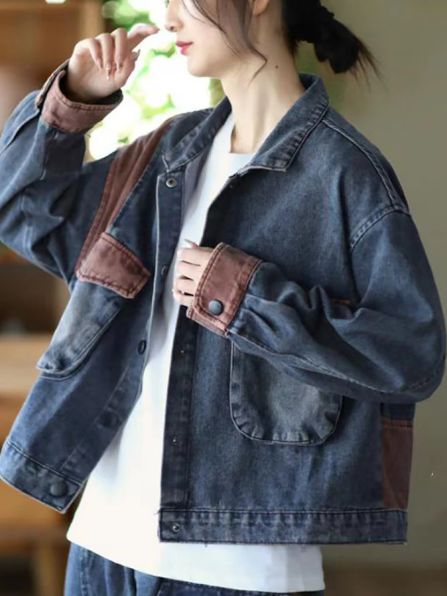 Women Fall Retro Patchwork Button Pocket Denim Coat