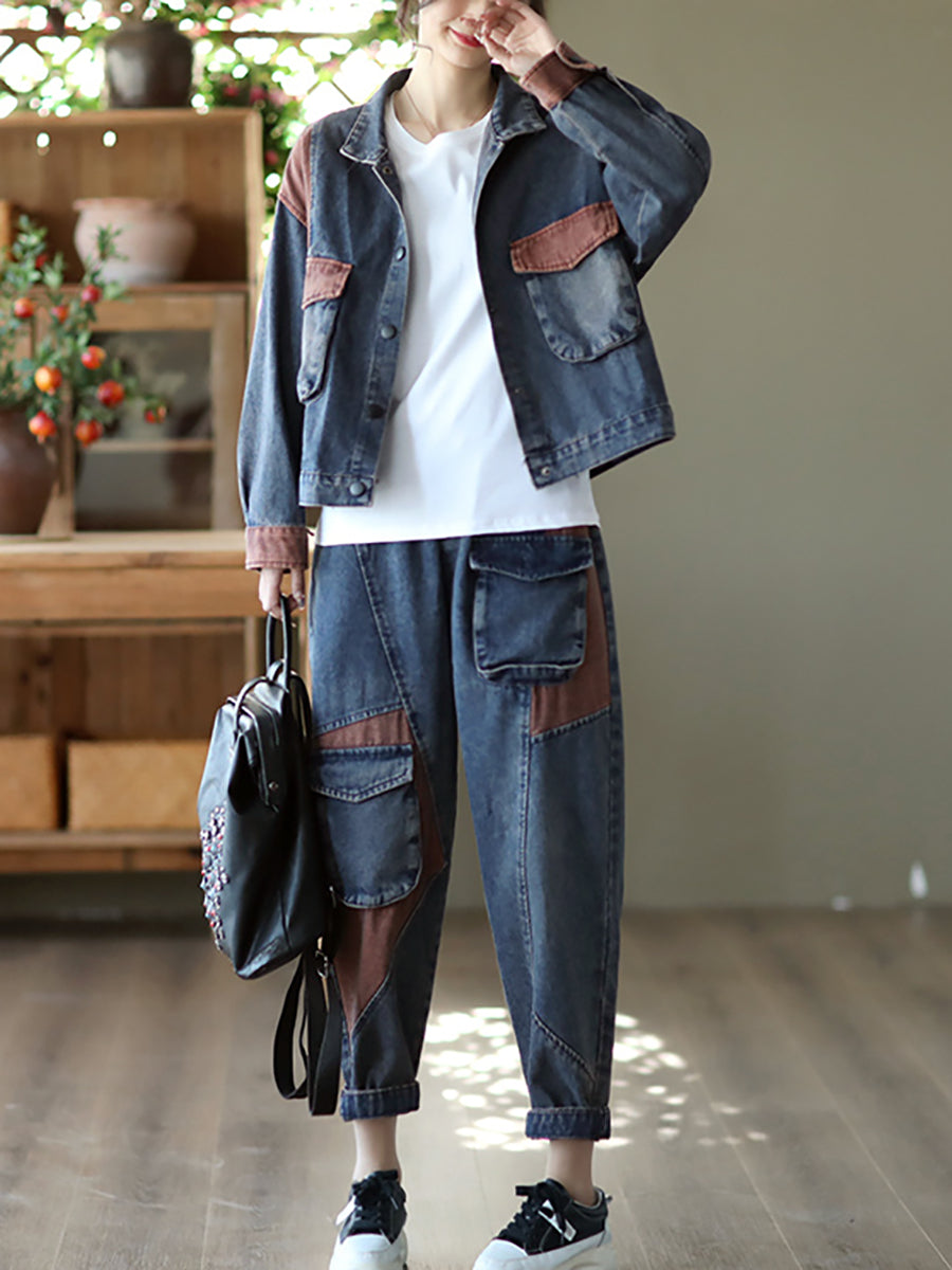 Women Fall Retro Patchwork Button Pocket Denim Coat