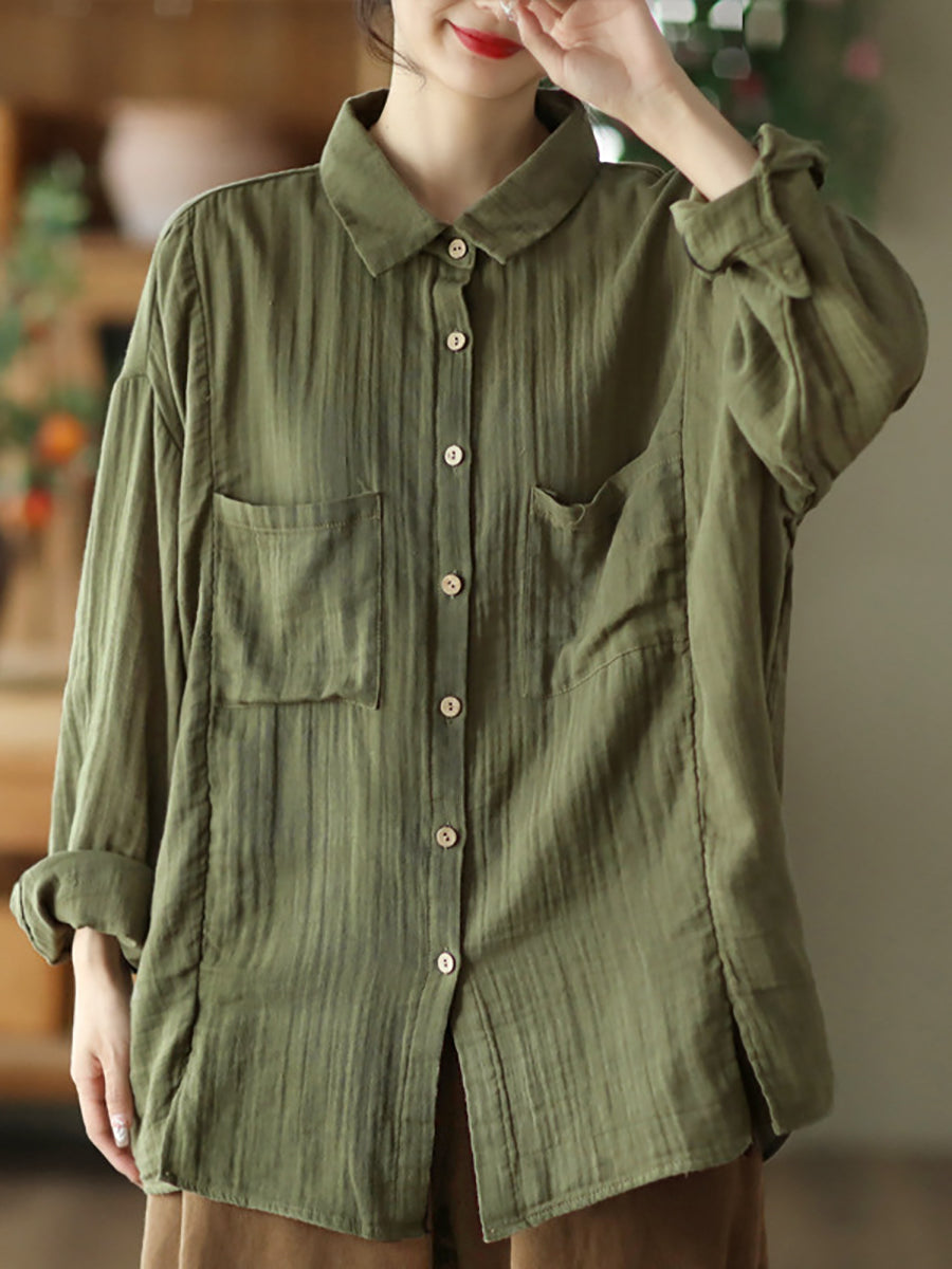 Women Spring Casual Pocket Button Cotton Shirt