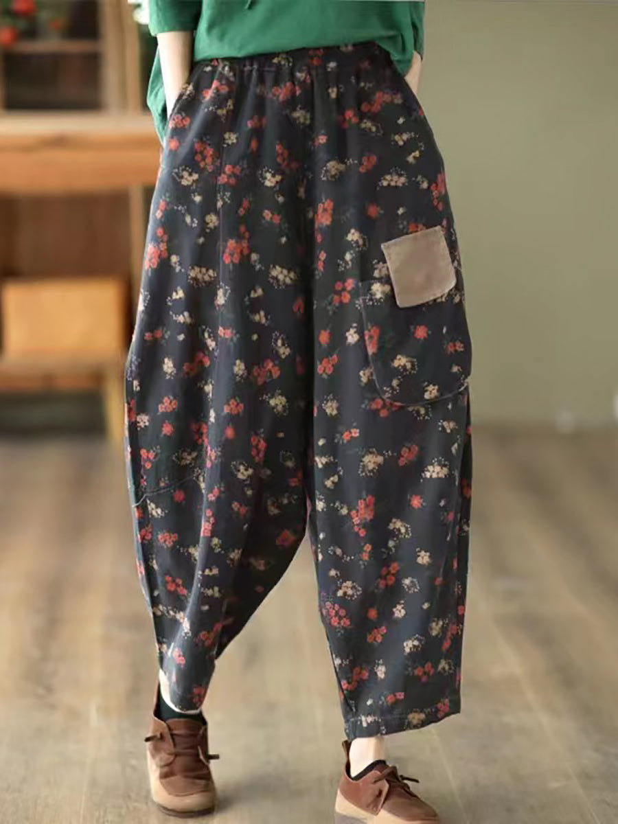 Casual Floral Patch Pocket Loose Pants Spring