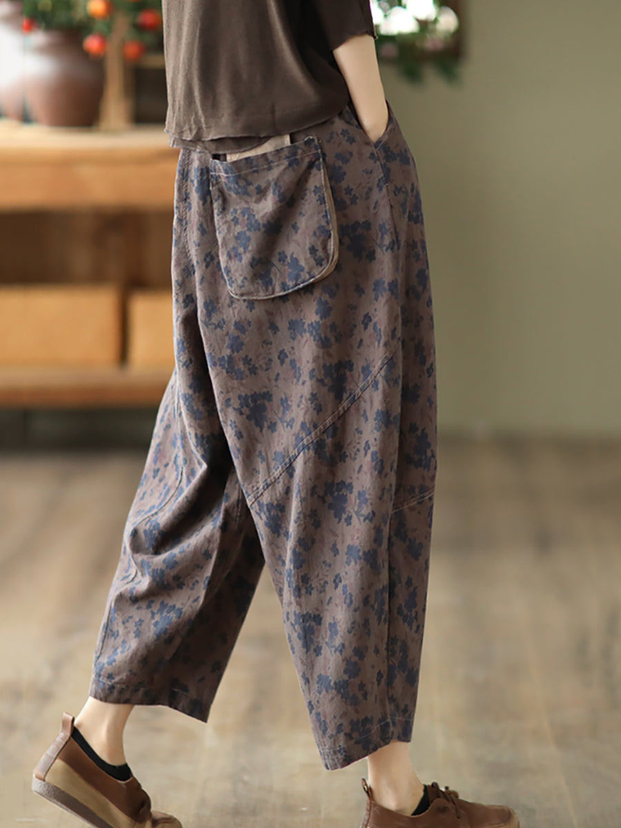 Casual Floral Patch Pocket Loose Pants Spring