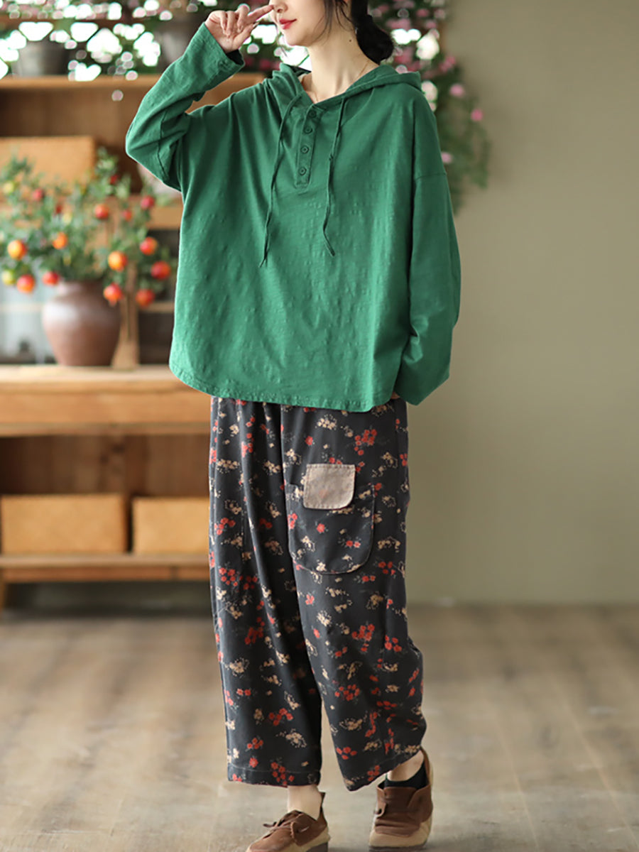 Casual Floral Patch Pocket Loose Pants Spring