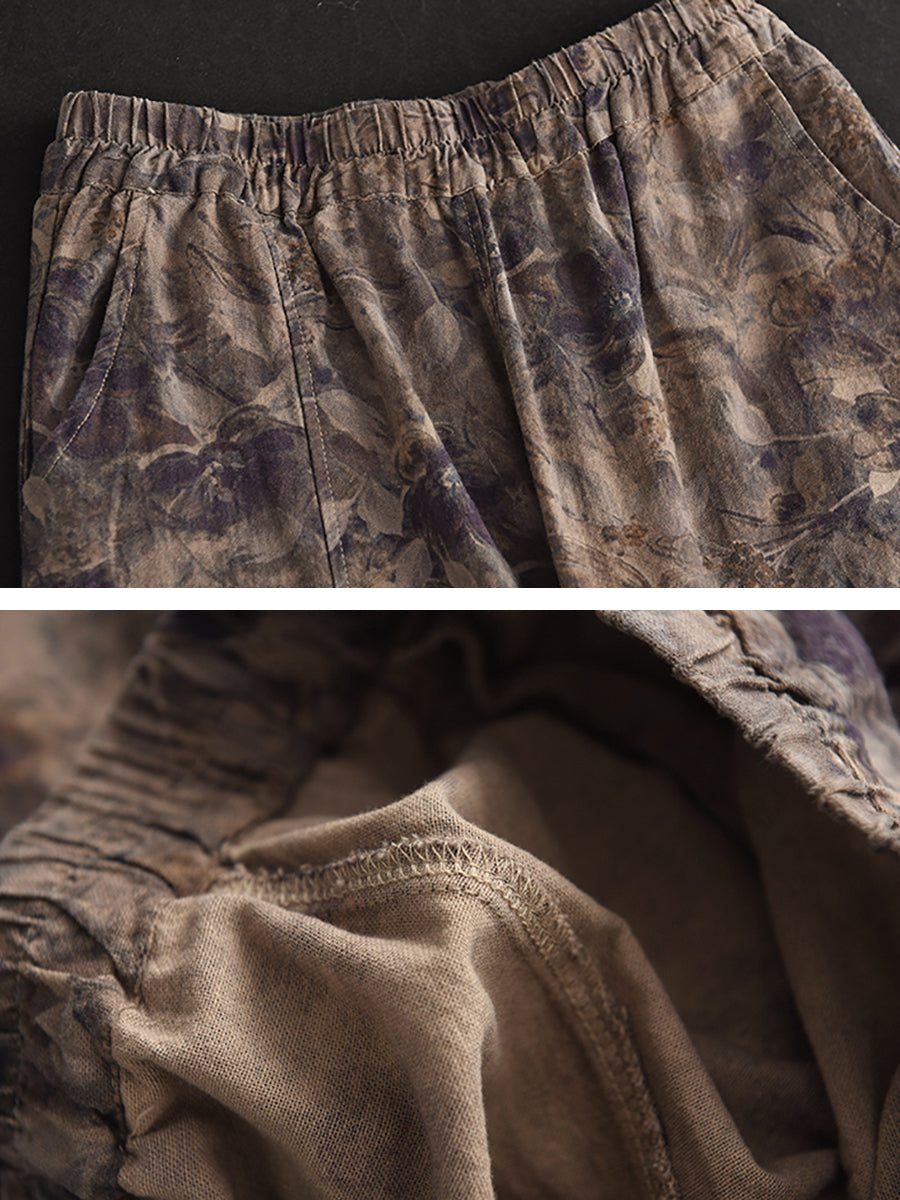 Casual Floral Patch Pocket Loose Pants Spring