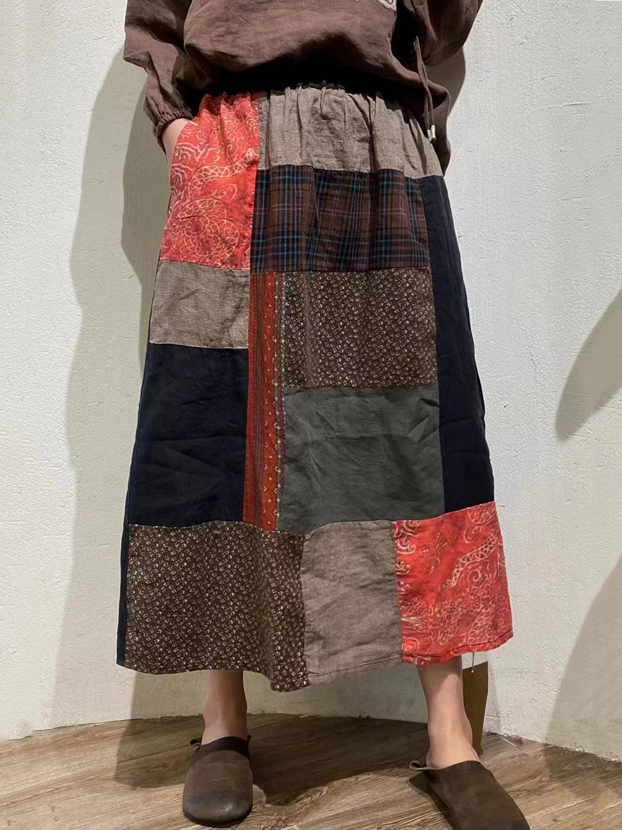 Women Summer Patch Irregular Spliced Vintage Linen Skirt