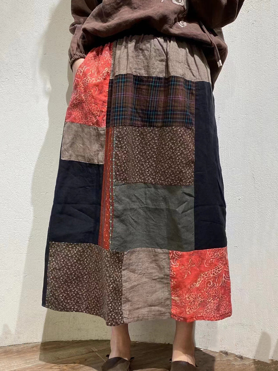 Women Summer Patch Irregular Spliced Vintage Linen Skirt