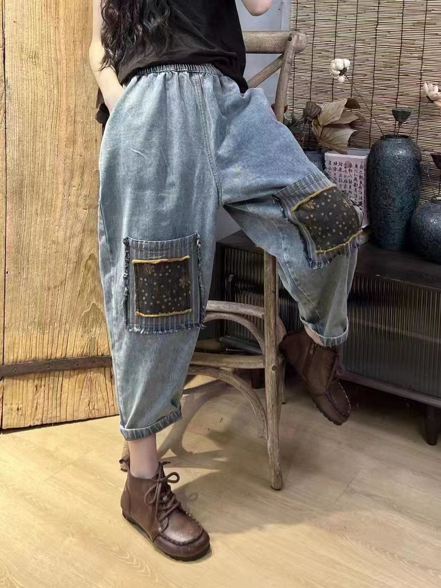 Women Artsy Patch Spliced Pocket Denim Pants