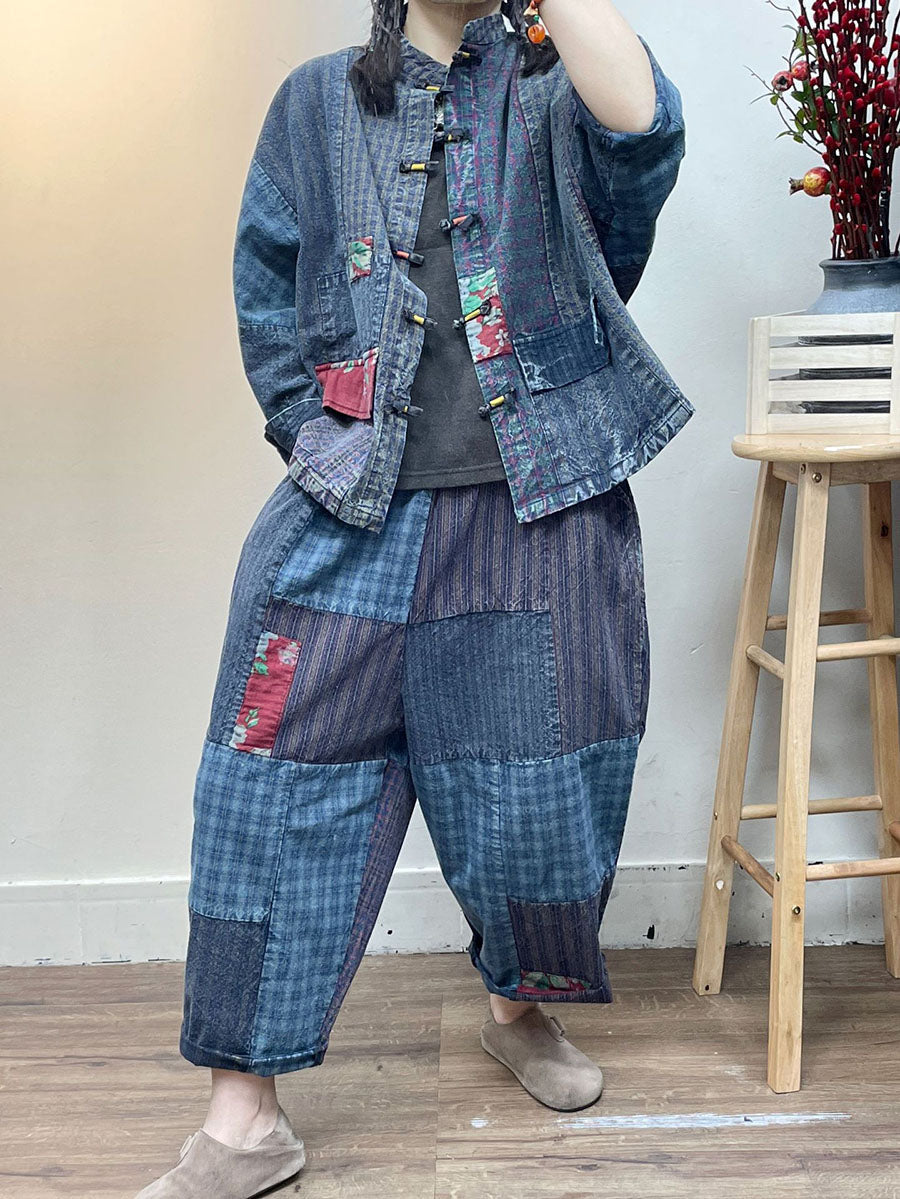 Vintage Patch Spliced Pocket Loose Pants