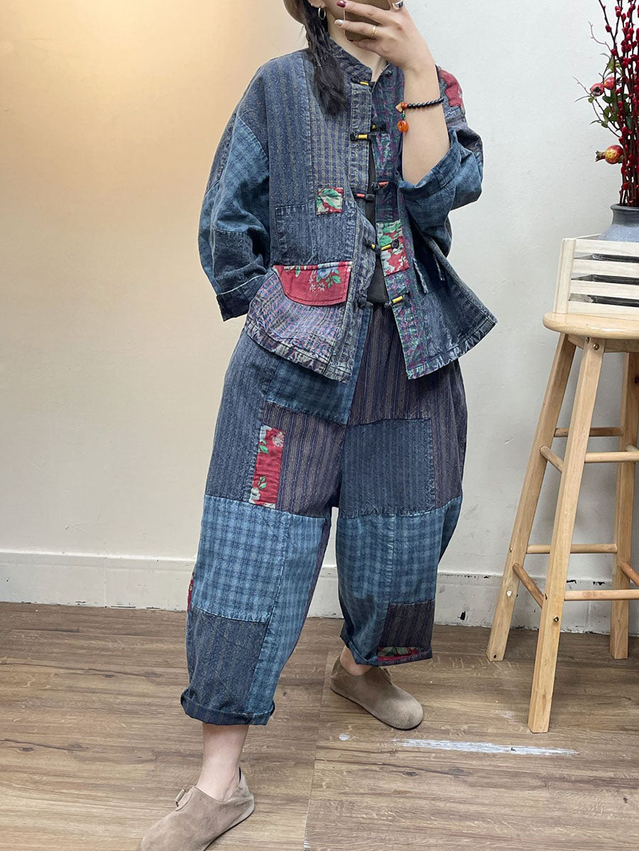 Vintage Patch Spliced Pocket Loose Pants