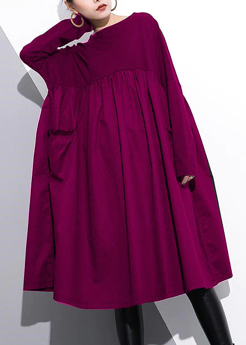 Elegant Cinched O Neck Cotton Tutorials Purple Dresses