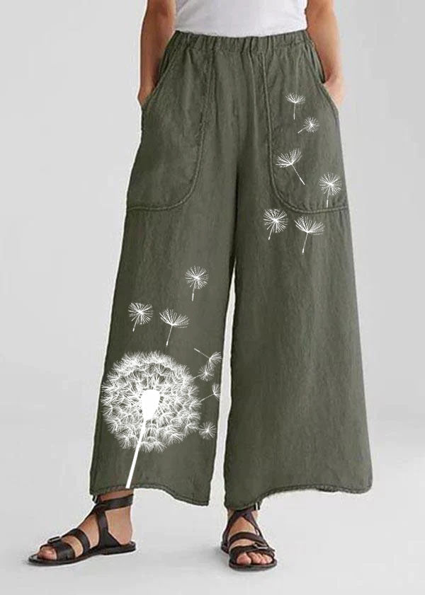 Tea Green-dandelion Cotton Linen Loose Wide Leg Casual Pants