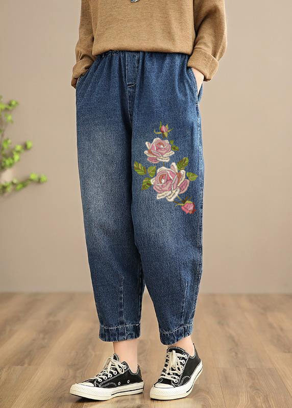 Handmade Spring Casual Pants Oversize Denim Blue-little flower Photography Elastic Waist Trousers