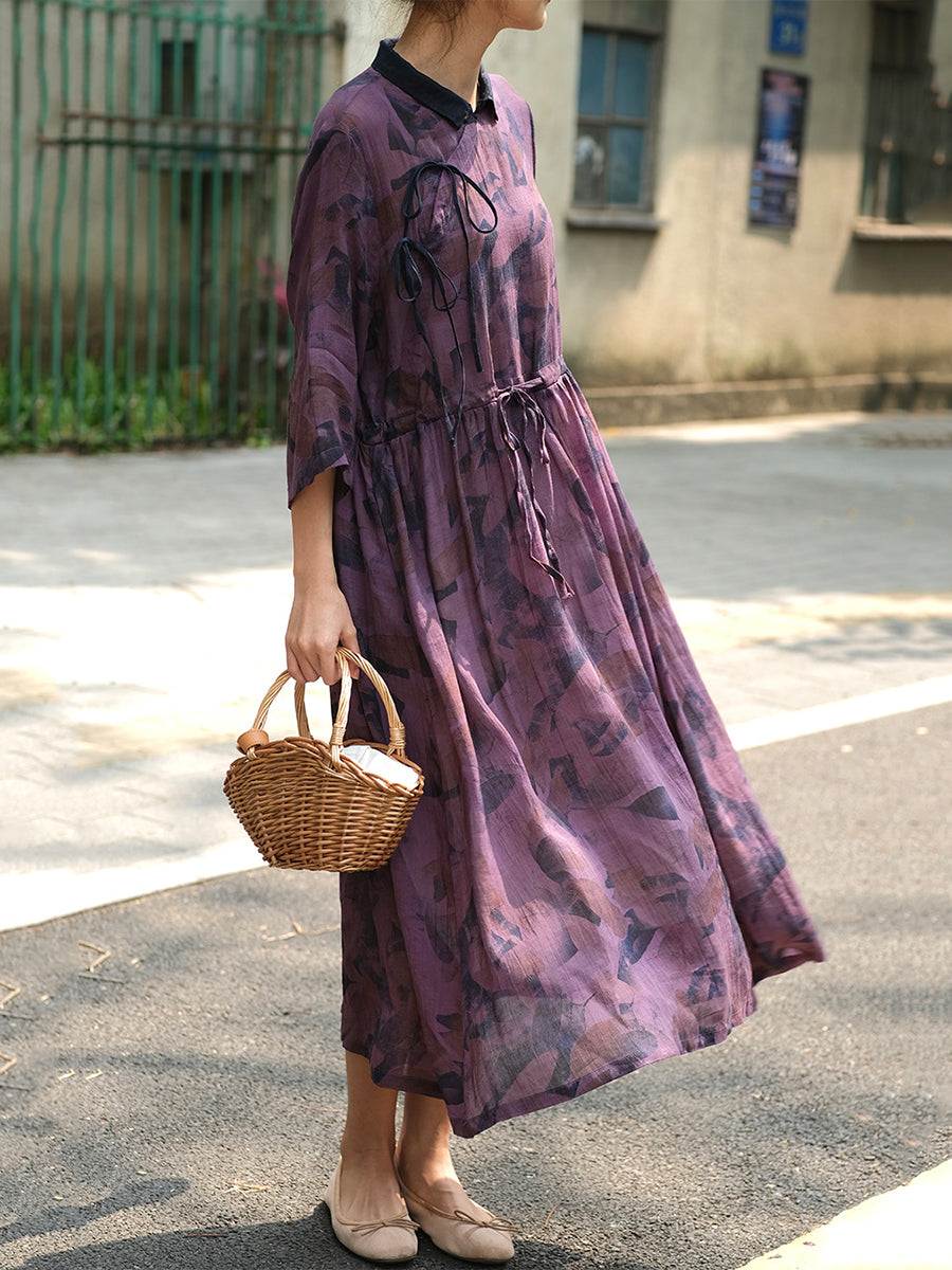 Women Summer Drawstring Print Loose Dress Half Sleeve