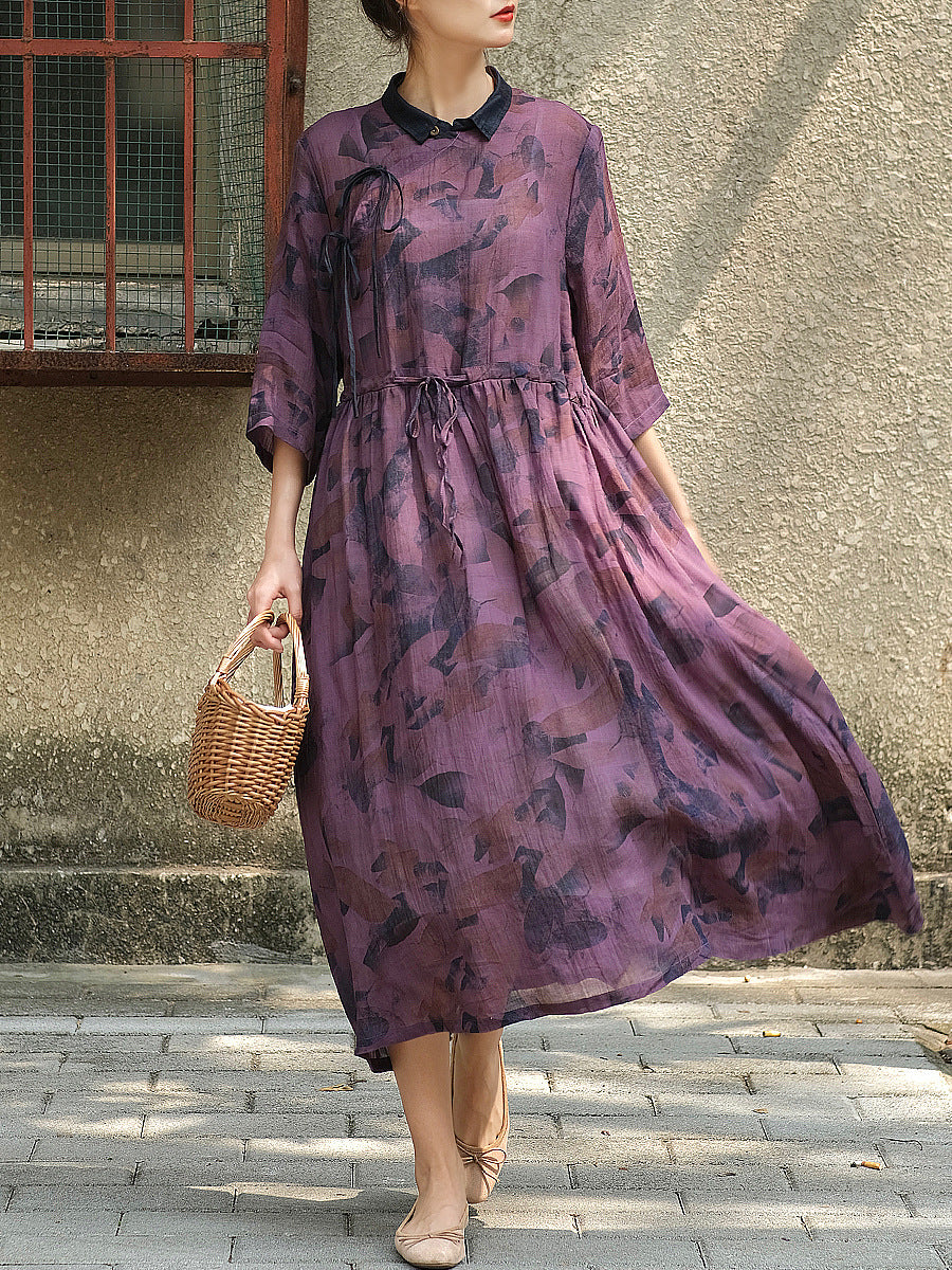 Women Summer Drawstring Print Loose Dress Half Sleeve