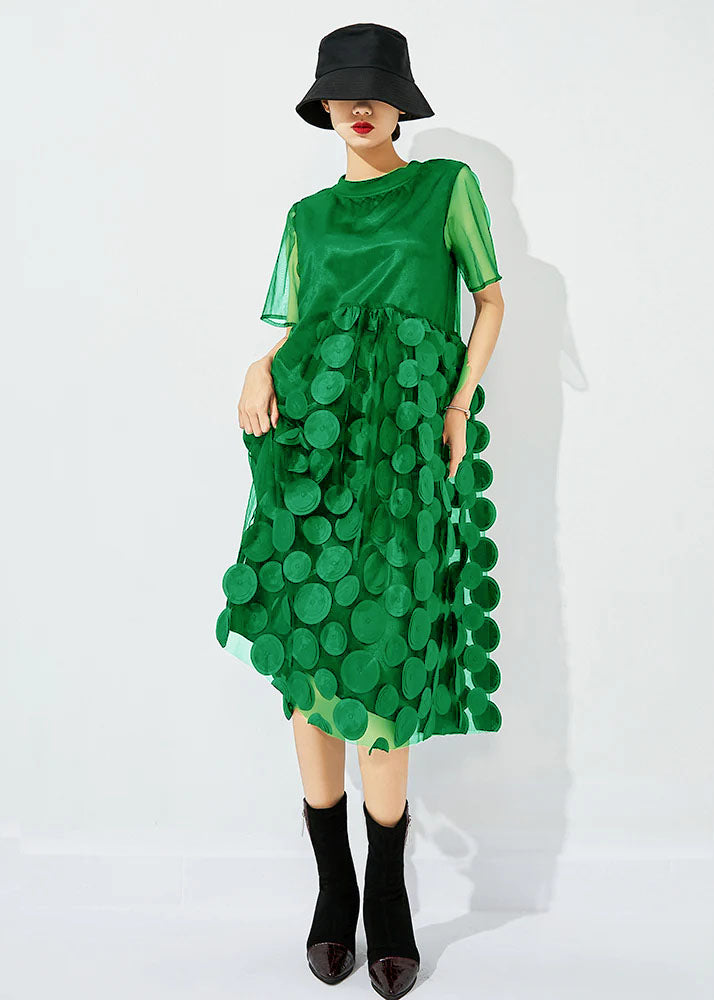 Women Light Green O-Neck Patchwork Dot Tulle Holiday Dress Summer