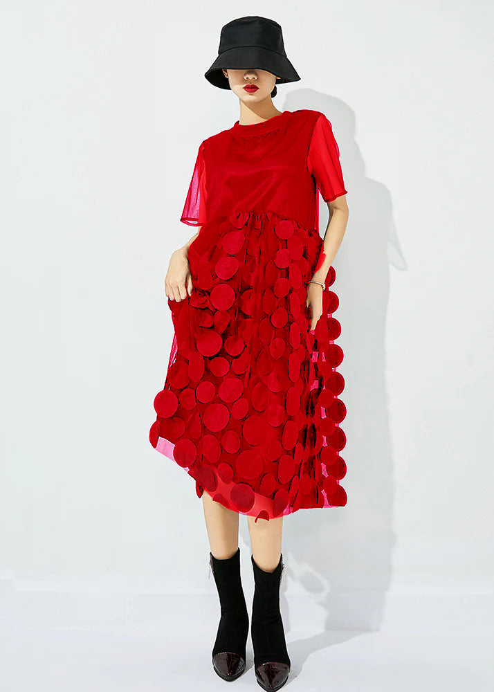 Women Red O-Neck Patchwork Dot Tulle Holiday Dress Summer