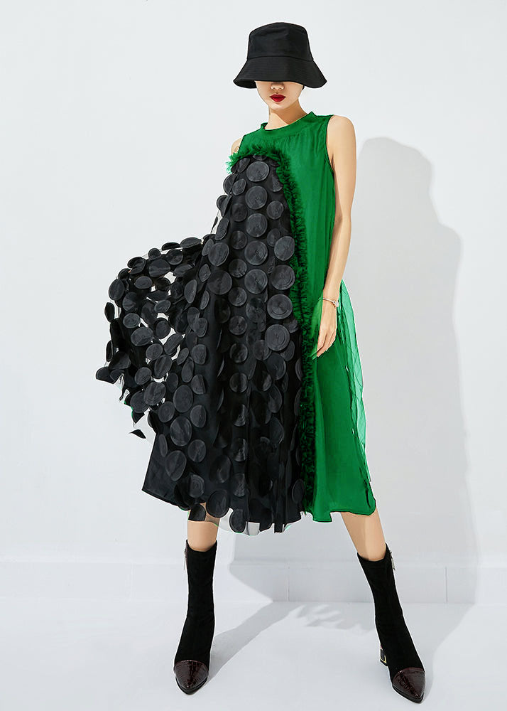 Bohemian Black-Green Dot Asymmetrical Patchwork Wrinkled Tulle Maxi Dress Sleeveless
