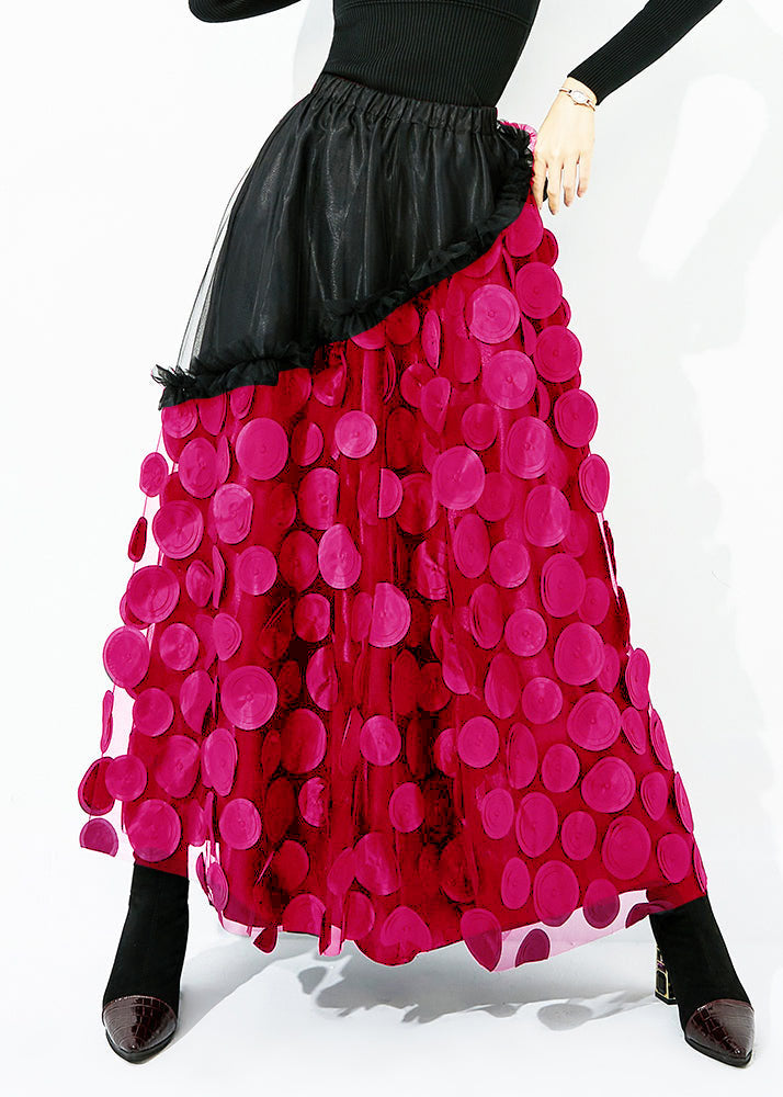Original Design Green-Black Dot Elastic Waist Patchwork Wrinkled Tulle Skirt Summer