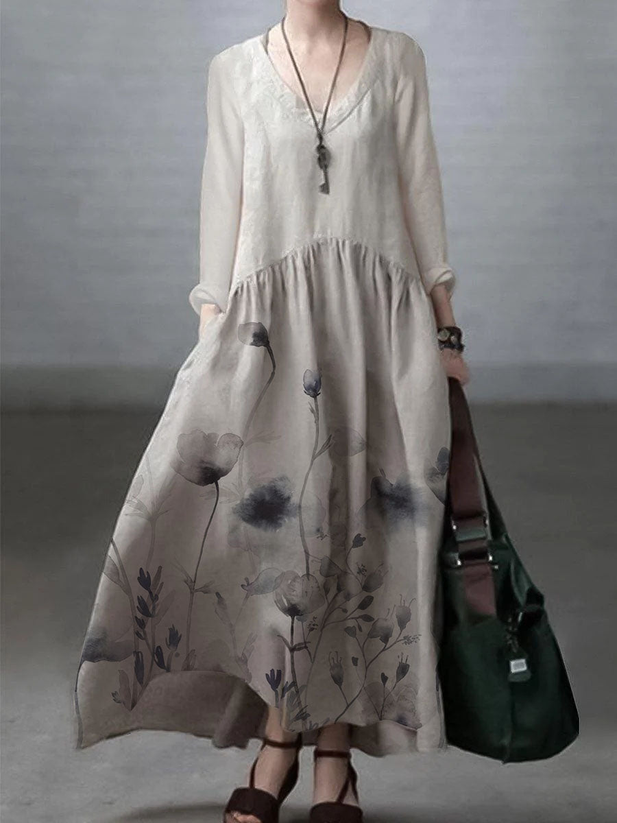 Ivory-crane Simple and Loose V-neck Cotton and Linen Dress