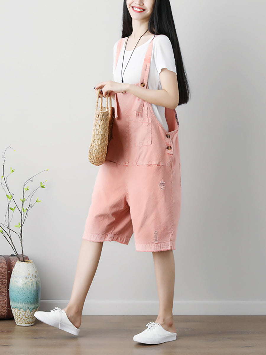 Women Summer Casual Solid Button Jumpsuits With Pockets