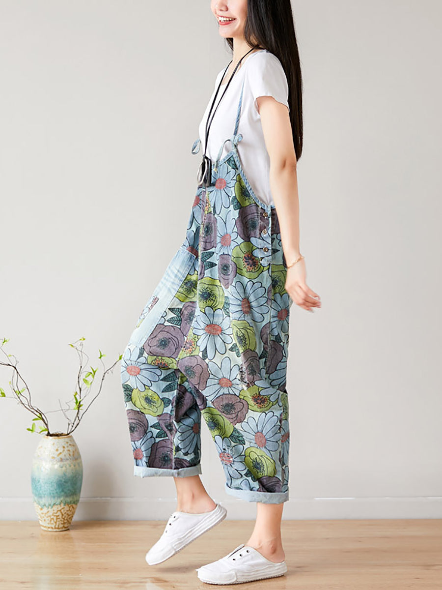 Summer Artsy Flower Pocket Loose Denim Jumpsuits