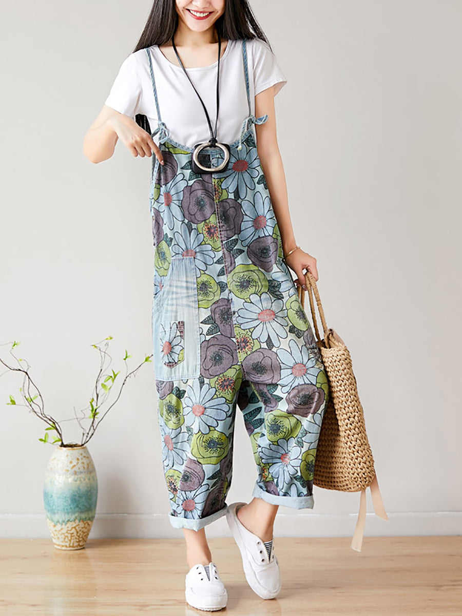 Summer Artsy Flower Pocket Loose Denim Jumpsuits