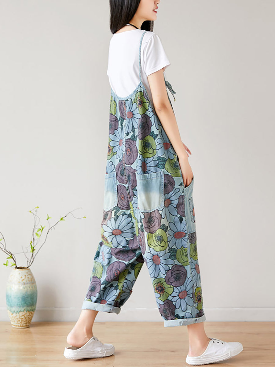 Summer Artsy Flower Pocket Loose Denim Jumpsuits