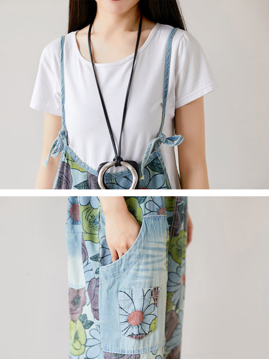 Summer Artsy Flower Pocket Loose Denim Jumpsuits