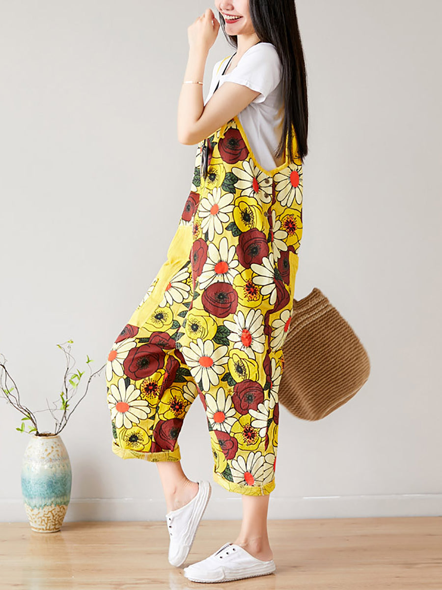 Summer Artsy Flower Pocket Loose Denim Jumpsuits