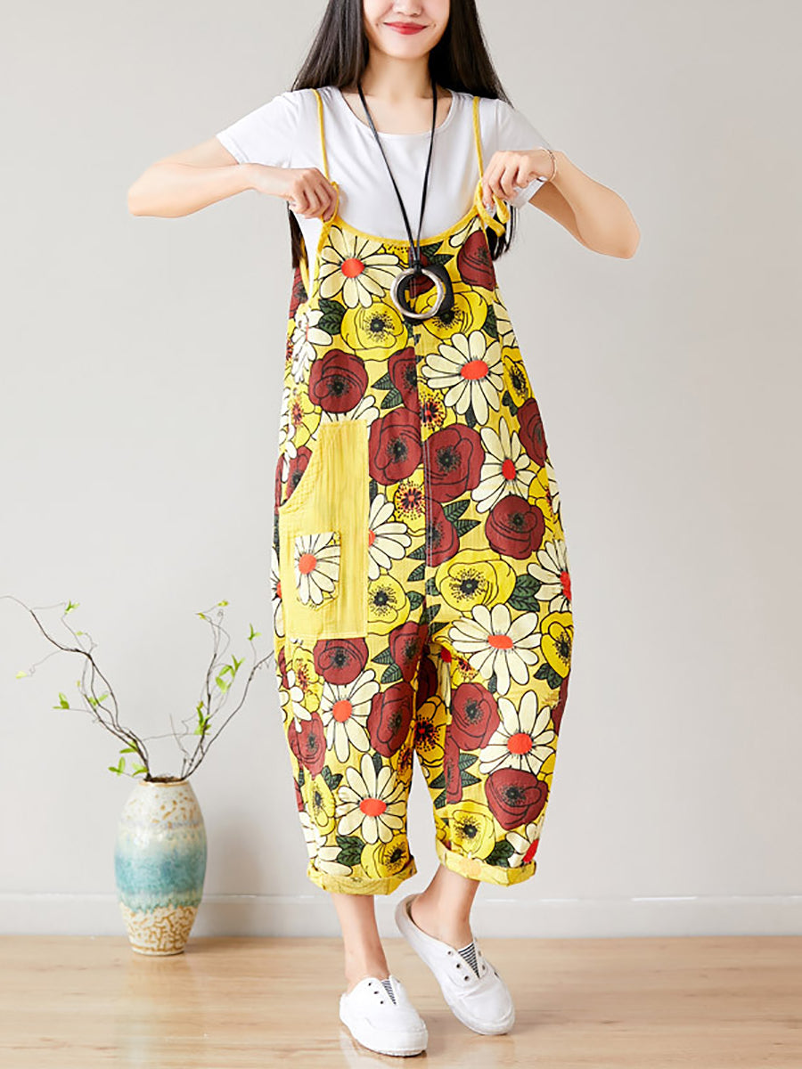 Summer Artsy Flower Pocket Loose Denim Jumpsuits