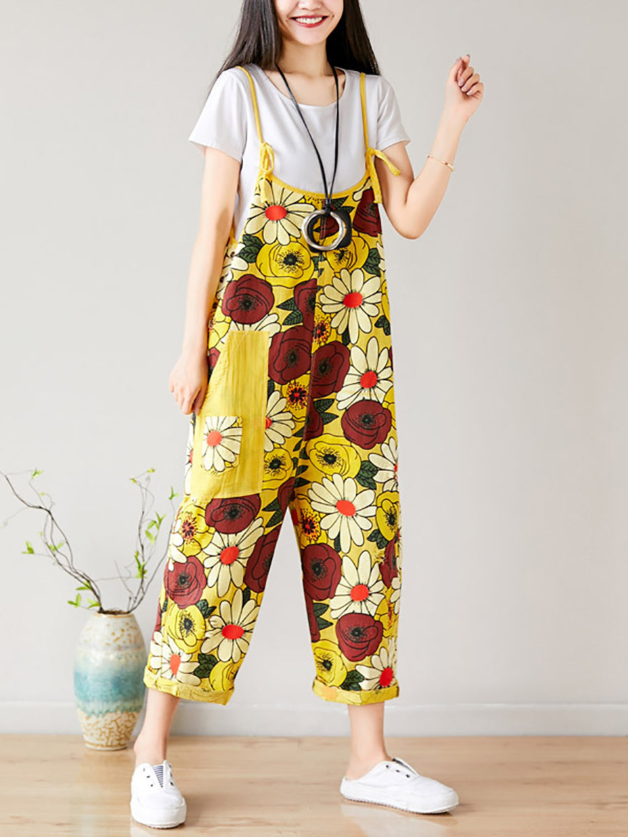 Summer Artsy Flower Pocket Loose Denim Jumpsuits