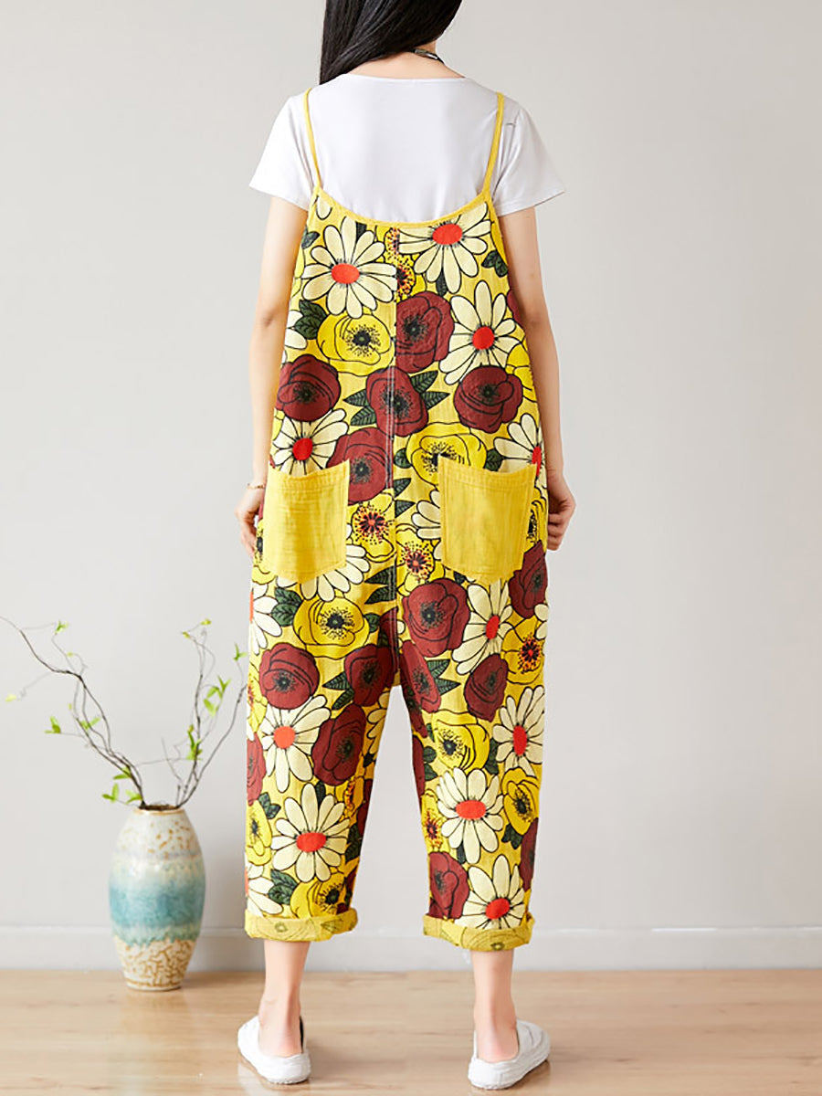 Summer Artsy Flower Pocket Loose Denim Jumpsuits