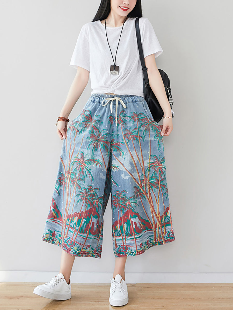 Women's Summer Artsy Print Pocket Wide-leg Denim Pants