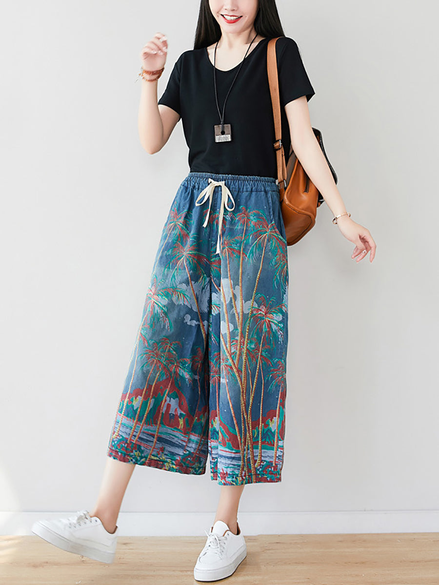 Women's Summer Artsy Print Pocket Wide-leg Denim Pants