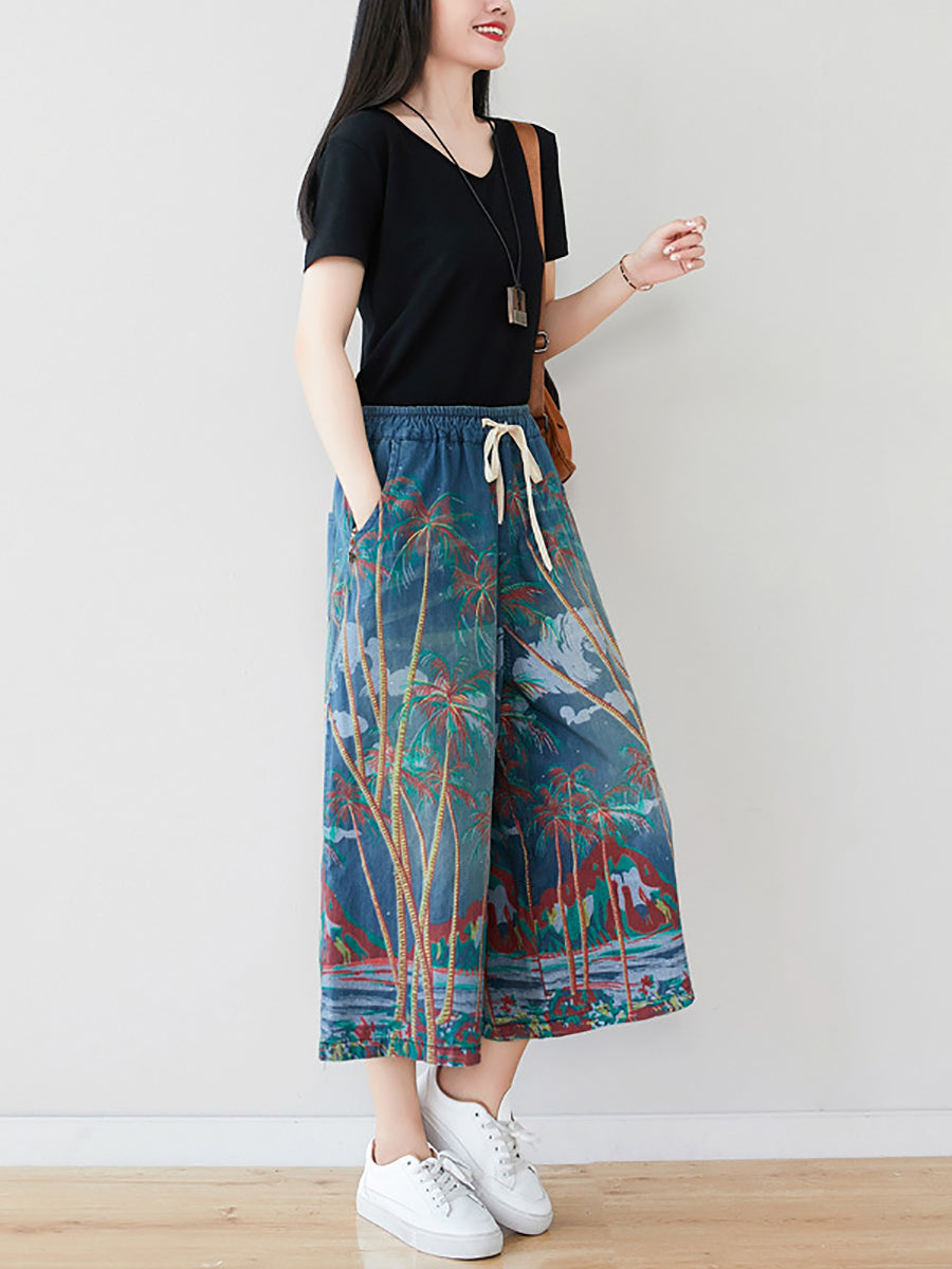 Women's Summer Artsy Print Pocket Wide-leg Denim Pants