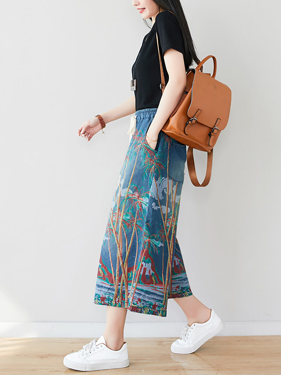 Women's Summer Artsy Print Pocket Wide-leg Denim Pants