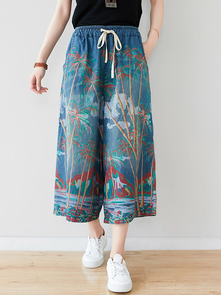 Women's Summer Artsy Print Pocket Wide-leg Denim Pants